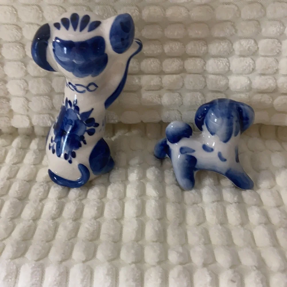 Vintage Porcelain Blue and White Dog Figures-Set of 2 - Picture 2 of 8